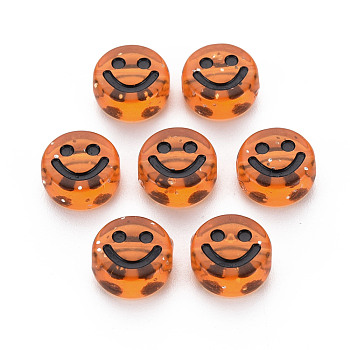 Transparent Acrylic Beads, with Glitter Powder, Flat Round with Black Enamel Smile Face, Chocolate, 10x5mm, Hole: 2mm, about 1450pcs/500g