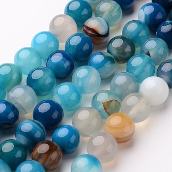 Natural Striped Agate/Banded Agate Beads Strands, Round, Dyed & Heated, Deep Sky Blue, 8mm, Hole: 1mm, about 48pcs/strand, 14.1 inch