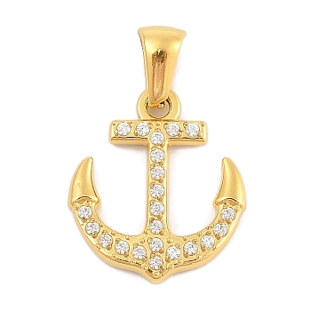 Ion Plating(IP) 304 Stainless Steel Micro Pave Cubic Zirconia Pendants, Anchor Charm, Golden, 18x16x2.5mm, Hole: 3x6mm