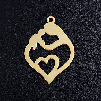 201 Stainless Steel Pendants, Heart with Mother and Child, For Mother's Day, Golden, 24x17x1mm, Hole: 1.5mm