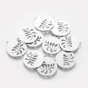 201 Stainless Steel Pendants, Flat Round with Leaf, Stainless Steel Color, 18x1.1mm