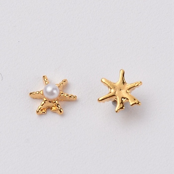 Alloy Cabochons, Starfish with Imitation Pearl, Nail Art Decoration Accessories, Light Gold, 5x6x3mm