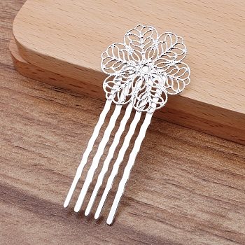 Brass Hair Comb Findings, with Filigree Flower, Silver, 62x30mm