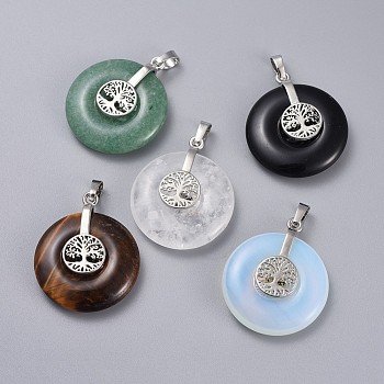 Natural & Synthetic Mixed Stone Pendants, with Platinum Tone Brass Findings, Donut/Pi Disc with Tree of Life, 35.5x30x8.5~9.5mm, Hole: 4.5x6.5mm