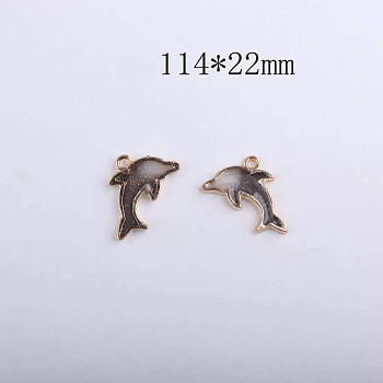 Alloy Enamel Pendants, Dolphin Shape, Cadmium Free & Lead Free, Light Gold, Dark Gray, 22x14mm, Hole: 1.5mm