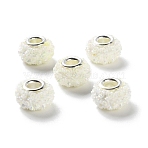 AB Color Resin Rose Flower European Beads, Rondelle Large Hole Beads, with Platinum Tone Alloy Double Cores, White, 14x9mm, Hole: 5mm(RESI-M001-05J)