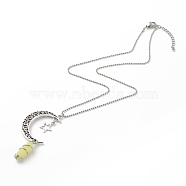 Natural Lemon Jade Bullet with Alloy Moon and Star Pendant Necklace, Gemstone Wrapped Jewelry for Women, 17.83 inch(45.3cm)(NJEW-JN03912-03)