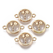 Glass Links connectors, with Light Gold Plated Alloy Findings, Flat Round with Flower, Clear, 13.5x19.5x5.5mm, Hole: 1.6mm(GLAA-T015-21H)