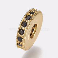 Brass Micro Pave Cubic Zirconia Bead Spacers, Flat Round, Black, Golden, 10x2mm, Hole: 3.5mm(ZIRC-K074-11B-02G)