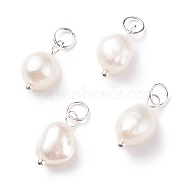 Grade B Natural Cultured Freshwater Pearl Charms, with 304 Stainless Steel Jump Rings, Polished Rice, Silver, 13.5~15x7~7.5x5~6mm, Hole: 3.6mm(X-PALLOY-JF01497-03)