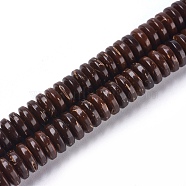 Coconut Beads Strands, Flat Round, Coconut Brown, 8x2.5~3mm, Hole: 1.2mm, about 109~112pcs/strand, 12.1~12.2 inch(30.7~31cm)(X-COCO-O009-01-8x3mm)