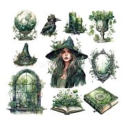 20Pcs 10 Styles Witch Theme PET Self Adhesive Decorative Stickers, Waterproof Gothic Decals, for DIY Scrapbooking, Green, Packing: 130x90mm, 2pcs/style(PW-WG64482-03)