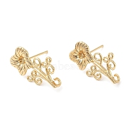 Brass Stud Earring Findings, with Vertical Loops, Flower, Real 18K Gold Plated, 20x11.5mm, Hole: 1.2mm(KK-F855-24G)