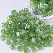 6/0 Glass Seed Beads, Transparent Colours Rainbow, Square Hole, Cube, Green, 6/0, 3~5x3~4x3~4mm, Hole: 1.2~1.4mm, about 4500pcs/bag(SEED-S027-06B-13)