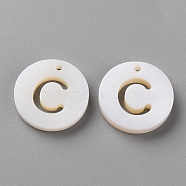 Natural Freshwater Shell Pendants, Flat Round with Letter, Letter.C, 12x1.5mm, Hole: 1mm(SHEL-Q311-008C)