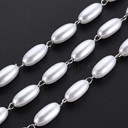 304 Stainless Steel & ABS Plastic Imitation Pearl Beaded Chains, Soldered, with Spool, Oval, Stainless Steel Color, 7.5x3.5mm, about 65.62 Feet(20m)/Roll(CHS-S008-014B-P)