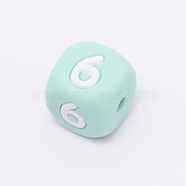 Silicone Beads, for Bracelet or Necklace Making, Arabic Numerals Style, Aquamarine Cube, Num.6, 10x10x10mm, Hole: 2mm(SIL-TAC001-02A-6)