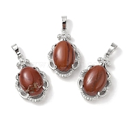 Natural Red Jasper Oval Pendants, Platinum Tone Brass Micro Pave Clear Cubic Zirconia Flower Charms, Long-Lasting Plated, Lead Free & Cadmium Free, 30x19x10mm, Hole: 7.8x5mm(G-NH0025-15P-11)