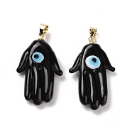 Handmade Lampwork Pendants, with Real 18K Gold Plated Brass Findings, Cadmium Free & Lead Free, Hamsa Hand/Hand of Miriam with Evil Eye, Black, 30x17x5.5mm, Hole: 5x3.5mm(LAMP-P057-02G-02)