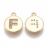 Brass Cubic Zirconia Charms, Flat Round with Letter, Nickel Free, Real 18K Gold Plated, Clear, Letter.F, 12x10x2mm, Hole: 1mm(KK-T038-194G-F)
