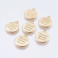 Brass Quote Charms, Flat Round with Word Thankful Grateful Blessed, Real 18K Gold Plated, 13x12x0.8mm, Hole: 1.2mm(KK-F740-20G)
