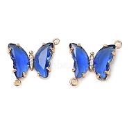 Brass Pave Faceted Glass Connector Charms, Golden Tone Butterfly Links, Blue, 20x22x5mm, Hole: 1.2mm(FIND-Z020-04B)
