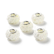 AB Color Resin Rose Flower European Beads, Rondelle Large Hole Beads, with Platinum Tone Alloy Double Cores, White, 14x9mm, Hole: 5mm(RESI-M001-05J)