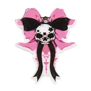 Halloween Theme Printed Acrylic Pendants, Skull with Bowknot Charms, Pink, 38x30x2.5mm, Hole: 1.4mm(SACR-M006-04A)