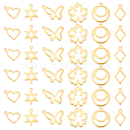 60Pcs 6 Style 201 Stainless Steel Charms, Hexagram & Rhombus & Flower & Round Ring & Heart & Butterfly, Golden, 10~19.5x9~20x0.8~1.2mm, Hole: 1.2~1.4mm, 10pcs/style(STAS-DC0010-31)