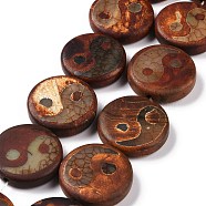 Feng Shui Tibetan Style Yin Yang Pattern dZi Beads Strands, Natural Agate Beads, Dyed & Heated, Frosted, Flat Round with Yin and Yang, Chocolate, 29~30.5x9~10mm, Hole: 2mm, about 10pcs/strand, 14.2 inch(TDZI-K003-06A)