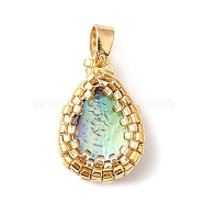Natural Abalone Shell/Paua Shell Pendants, TOHO Round Seed Beads Wrapped Charms with Real 18K Gold Plated Brass Snap on Bails, Teardrop, 17.5x12x6.5mm, Hole: 4.5x3mm(PALLOY-MZ00146-02)