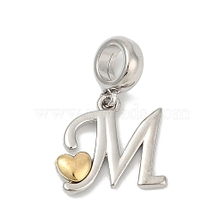 Brass European Dangle Charms, Heart Letter Large Hole Pendants, Platinum & Golden, Letter M, 25.5~30.5mm, Hole: 6mm(KK-Z097-01M-GP)