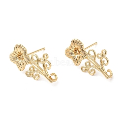 Brass Stud Earring Findings, with Vertical Loops, Flower, Real 18K Gold Plated, 20x11.5mm, Hole: 1.2mm(KK-F855-24G)