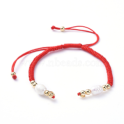 Braided Nylon Cord for DIY Bracelet Making, with Natural Freshwater Pearl & Brass Findings, Golden, Red, 6-7/8 inch(17.5cm), 4mm(AJEW-JB00540-03)