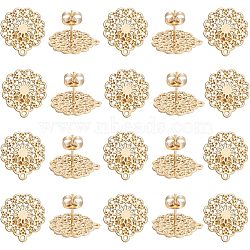 304 Stainless Steel Stud Earring Findings, with Loop and Ear Nuts/Earring Backs, Flower, Golden, 16x14mm, Hole: 1mm, Pin: 0.7mm, 20pcs/box(STAS-UN0002-22G)