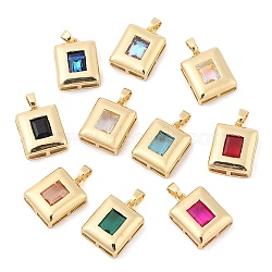 Rack Plating Brass Pendants, Rectangle Shaped Glass Charms, Long-Lasting Plated, Cadmium Free & Lead Free, Real 18K Gold Plated, Mixed Color, 21x16x6mm, Hole: 3x5.5mm(KK-I710-11A)