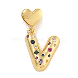 Brass Micro Pave Colorful Cubic Zirconia Pendants, Heart Letter Charms, Real 18K Gold Plated, Letter V, 32mm, Hole: 6x3mm, pendant: 22x17x4mm(KK-P281-01G-V)