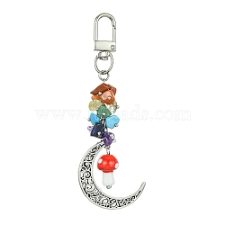 Moon Alloy Pendant Decoraiton, with Gemstone Chip Beads and Mushroom Handmade Lampwork Beads, Alloy Swivel Clasps, Chakra, Red, 103mm(HJEW-JM01393-04)