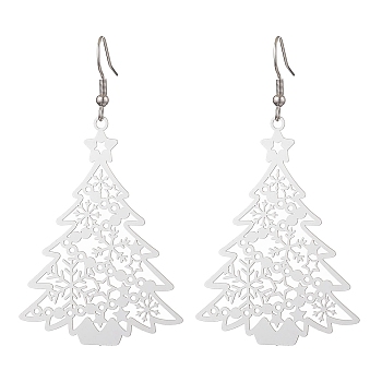 Non-Tarnish Hollow Christmas Tree 201 Stainless Steel Dangle Earrings for Women, Stainless Steel Color, 71x39mm