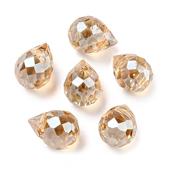 Electroplated Glass Beads, Faceted, Teardrop Charms, Top Drilled, Sandy Brown, 10x8mm, Hole: 1.2mm