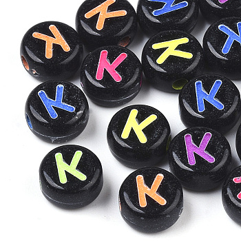 Opaque Black Acrylic Beads, Horizontal Hole, Flat Round with Mixed Color Letter, Letter.K, 7x4mm, Hole: 1.6mm, about 3600pcs/500g