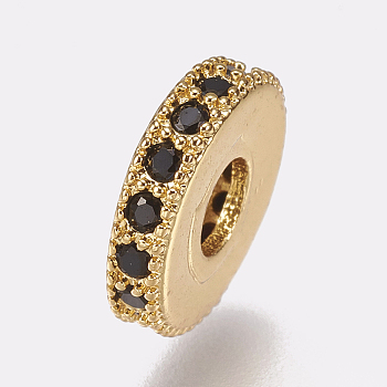 Brass Micro Pave Cubic Zirconia Bead Spacers, Flat Round, Black, Golden, 10x2mm, Hole: 3.5mm