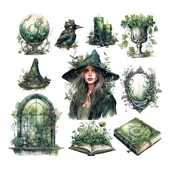 20Pcs 10 Styles Witch Theme PET Self Adhesive Decorative Stickers, Waterproof Gothic Decals, for DIY Scrapbooking, Green, Packing: 130x90mm, 2pcs/style