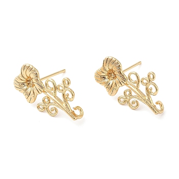 Brass Stud Earring Findings, with Vertical Loops, Flower, Real 18K Gold Plated, 20x11.5mm, Hole: 1.2mm