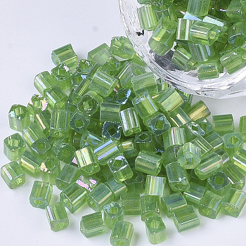 6/0 Glass Seed Beads, Transparent Colours Rainbow, Square Hole, Cube, Green, 6/0, 3~5x3~4x3~4mm, Hole: 1.2~1.4mm, about 4500pcs/bag