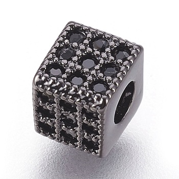 Brass Micro Pave Cubic Zirconia Beads, Cadmium Free & Lead Free, Cube, Black, Gunmetal, 5x5.5x5.5mm, Hole: 2.5mm
