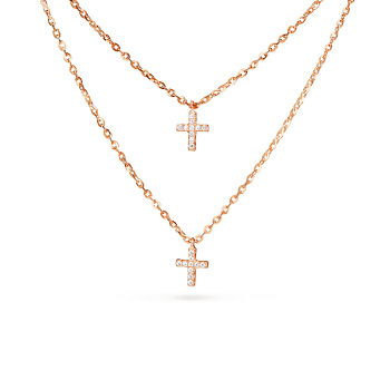 TINYSAND CZ Jewelry 925 Sterling Silver Cubic Zirconia Cross Pendant Two Tiered Necklaces, Rose Gold, 21 inch, 18 inch