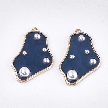 Alloy Pendants, with ABS Plastic Imitation Pearl and Epoxy Resin, Light Gold, Marine Blue, 37x24x6mm, Hole: 1.6mm