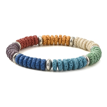 Dyed Natural Lava Rock Disc Beaded Stretch Bracelet, Colorful, Inner Diameter: 2-1/8 inch(5.35cm)