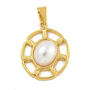 Flat Round Ion Plating(IP) 304 Stainless Steel Pendants, with ABS Imitation Pearl, Golden, 23x17.5x6mm, Hole: 5x2.5mm